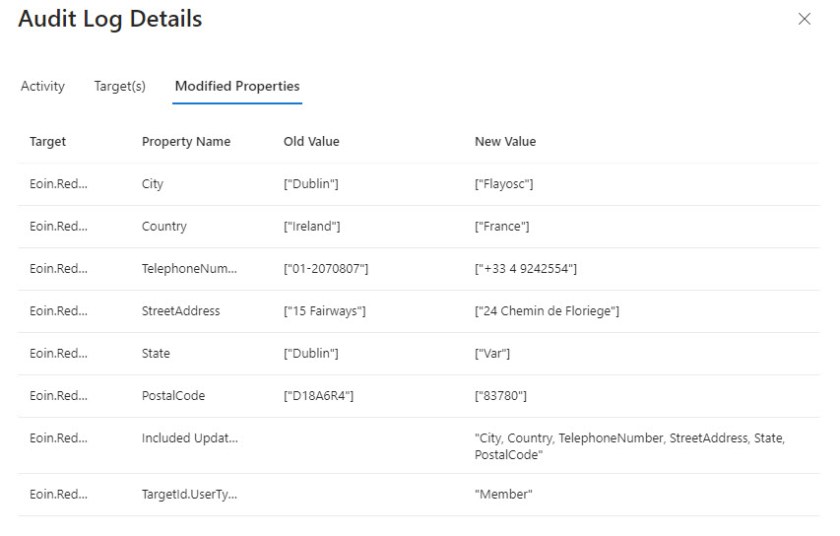 Details of updated properties for a user account in the Entra ID audit log
Audit user account changes