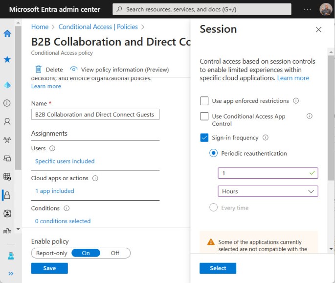 Setting the sign-in frequency in an Azure AD conditional access policy
Azure AD sign-in frequency for guest accounts set in a conditional access policy