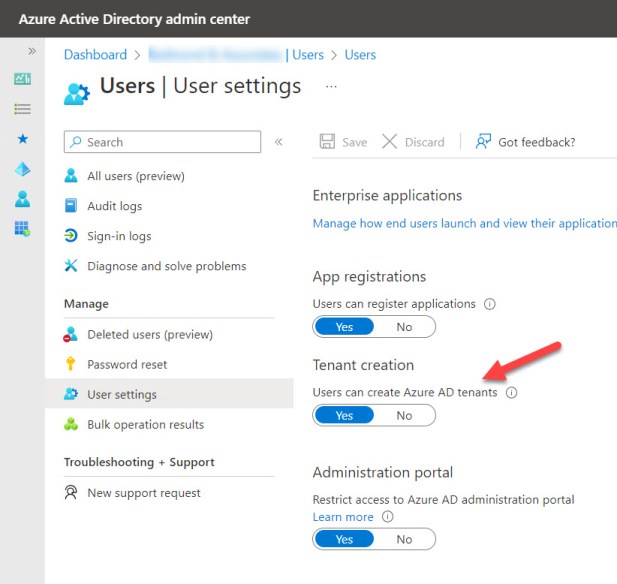 The setting to control if users can create new Azure AD tenants
Azure AD tenant creation