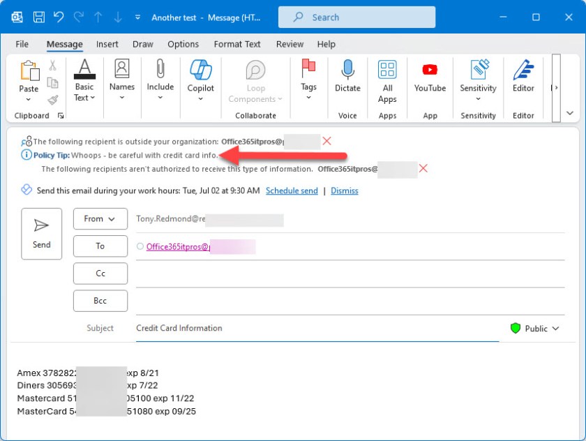 DLP policy tip displayed in Outlook (classic)
Outlook DLP Policy Tips