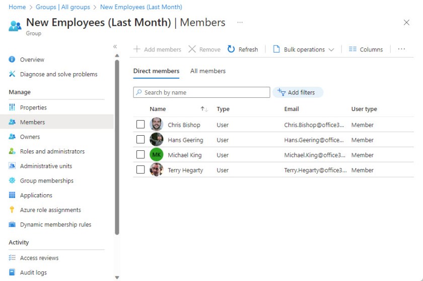 Viewing members of a dynamic group using a membership rule using the Entra ID employee hire date property
Azure AD employee hire date property