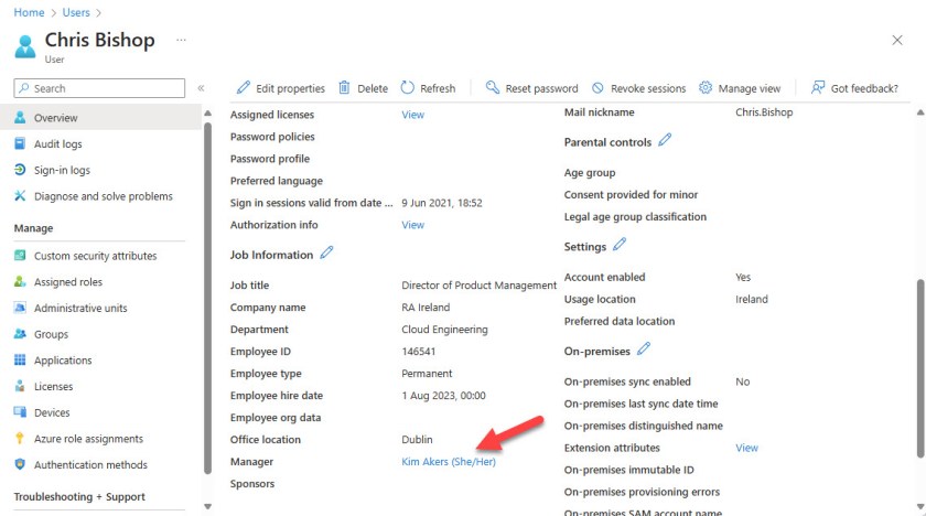 The manager listed in the properties of an Entra ID account.
Find manager for Entra ID account.