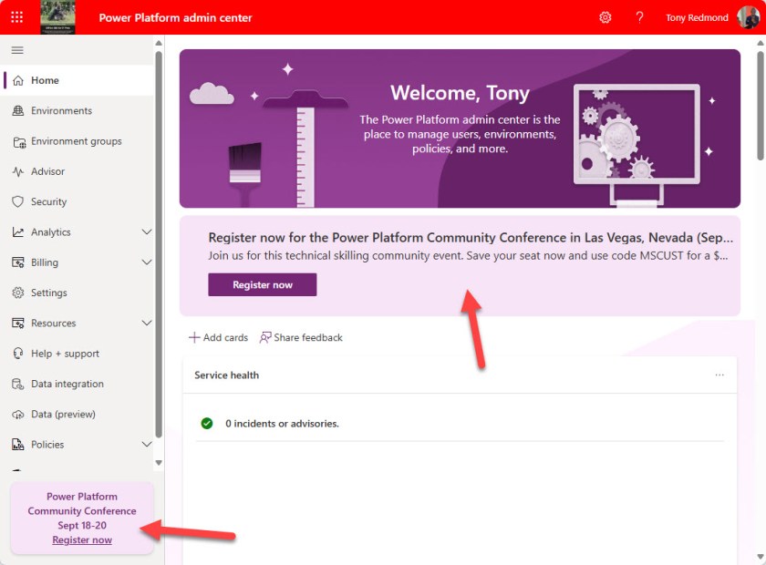 In-product messages in the Power Platform admin center.
