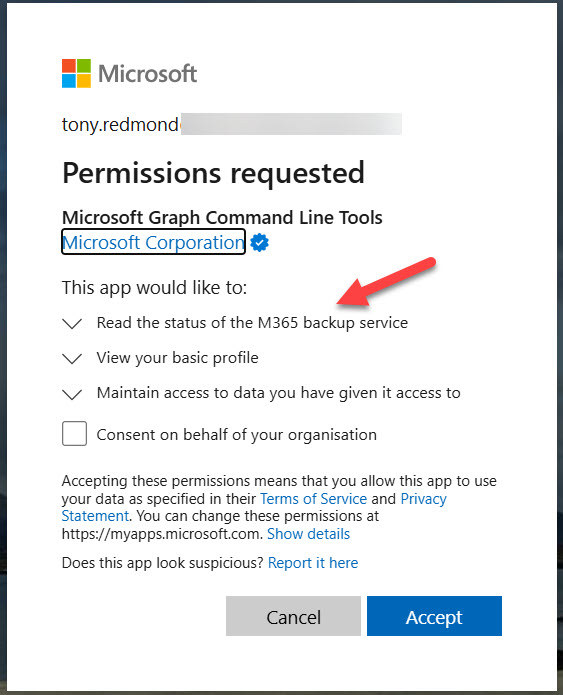 Granting consent for permission to use Microsoft 365 Backup APIs.
Usage Reports API