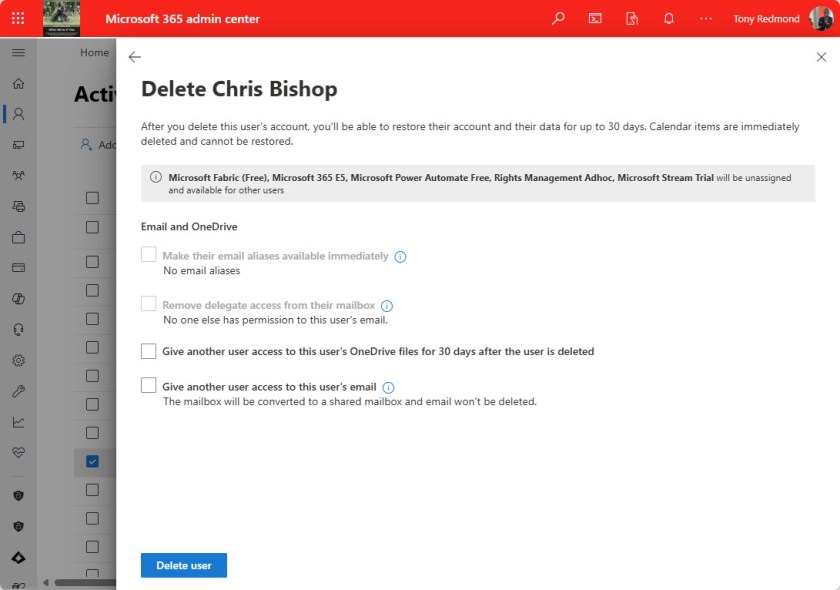 The delete user wizard in the Microsoft 365 admin center