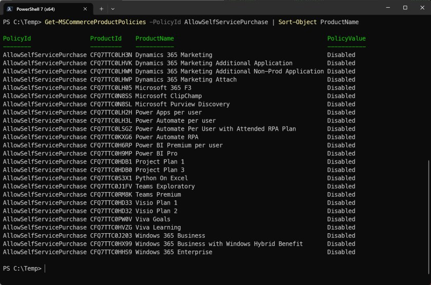 Disabling all self-service purchases for a Microsoft 365 tenant.