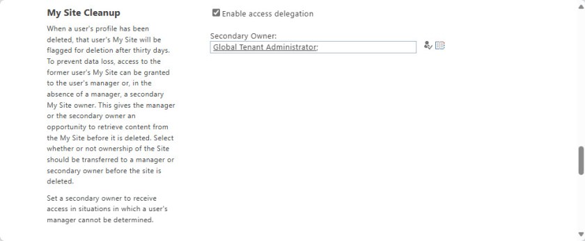 Enabling access delegation and defining a secondary owner for OneDrive accounts
Delete OneDrive for Business accounts