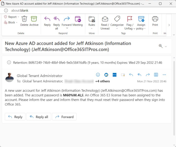 Email notification about the creation of a new Azure AD user account
Azure AD account creation