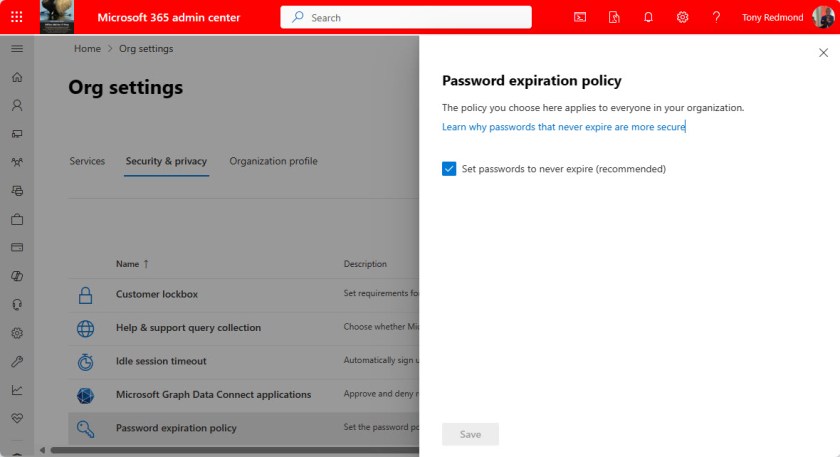 Setting the password expiration policy for a Microsoft 365 tenant.