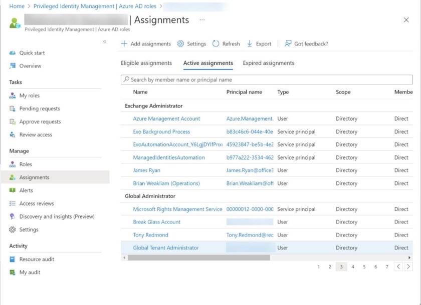 PIM assignments for the Exchange administrator and Global administrator roles