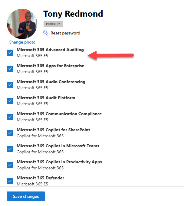 Microsoft 365 advanced auditing app listed for an account in the Microsoft 365 admin center.
Mailbox audit configuration