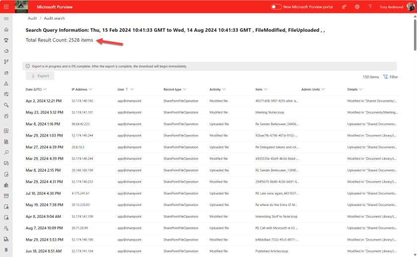 Audit search results shown in the Purview compliance portal.
AuditLog Query Graph API