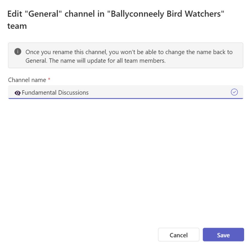 Renaming a General channel in a team
Rename General channel