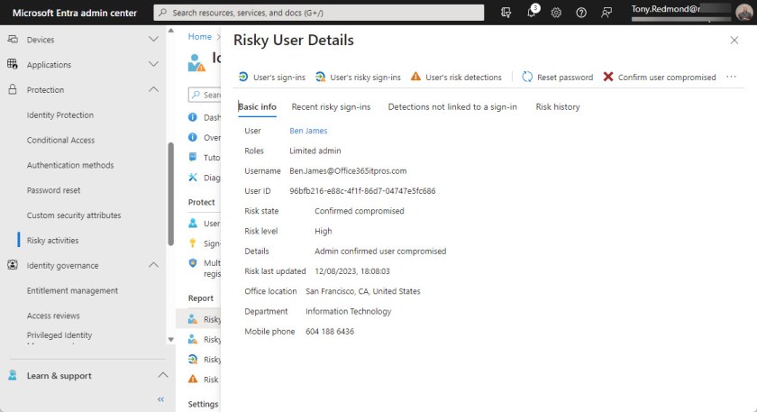 Details of a risky user in Entra ID Identity Protection
Entra ID risky users