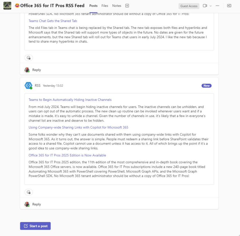 Items imported into a Teams channel through the RSS Office Connector.
Office Connectors.