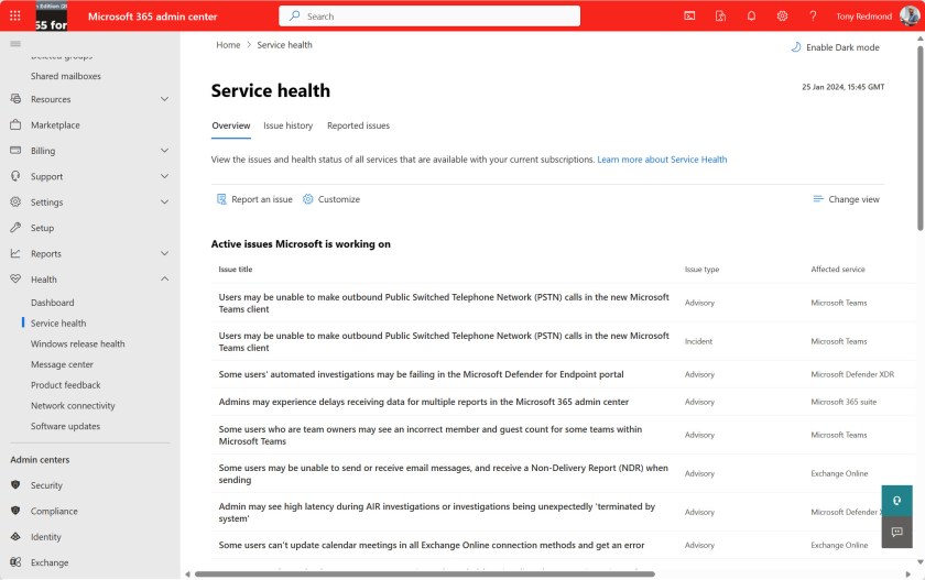 Service Health information viewed in the Microsoft 365 admin center.
Microsoft 365 service health data.