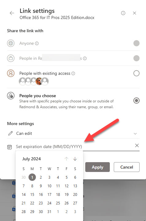 Setting an expiration date for a specific person sharing link
Sharing links expiration.