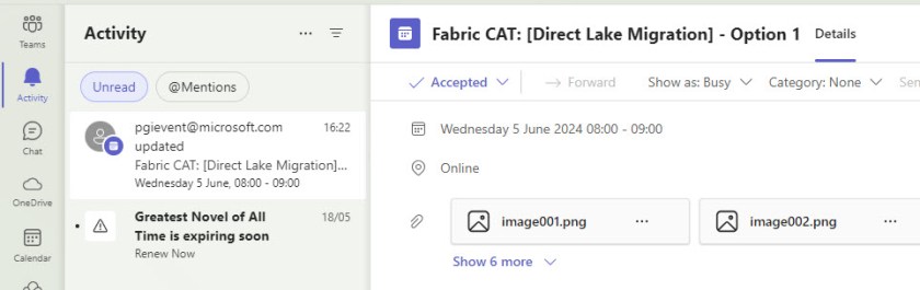 A calendar notification in the Teams activity feed.