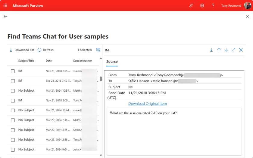 Teams chat messages found by a content search,