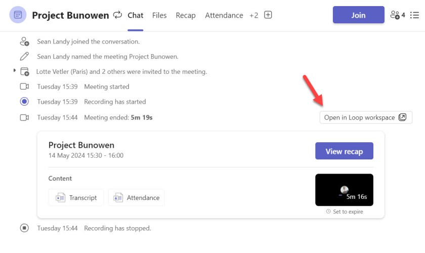 Teams chat includes the opportunity to create a Loop workspace.
Loop workspaces for Teams recurring meetings.