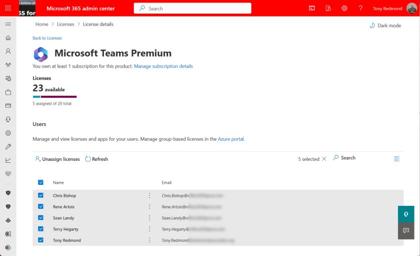 Removing the Teams Premium license from user accounts in the Microsoft 365 admin center
Remove Teams Premium licenses from Azure AD accounts
