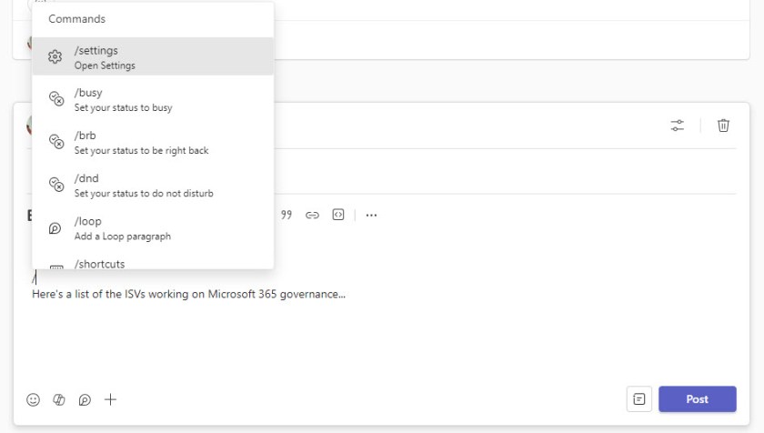 Slash commands in a Teams channel conversation.