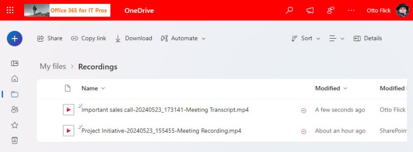 iles for a Teams meeting transcript and a meeting recording stored in OneDrive for Business.
Teams meeting transcripts