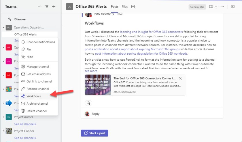 The workflows option in a channel menu.
Teams post to channel workflow.